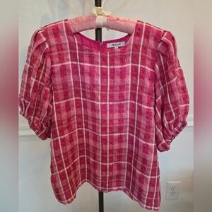 Madewell Pink Plaid Puff-Sleeve Top